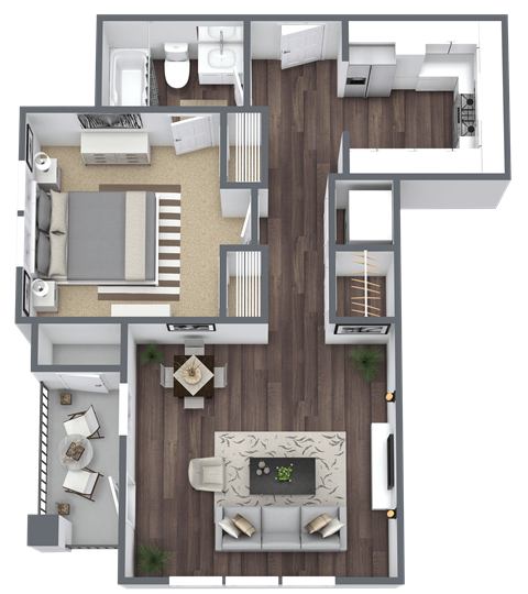 Floor plan for 1 bed, 1 bath, 709 sqft